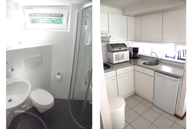 De praktische badkamer en keuken van Bungalow 64 op Groenpark Simpelveld